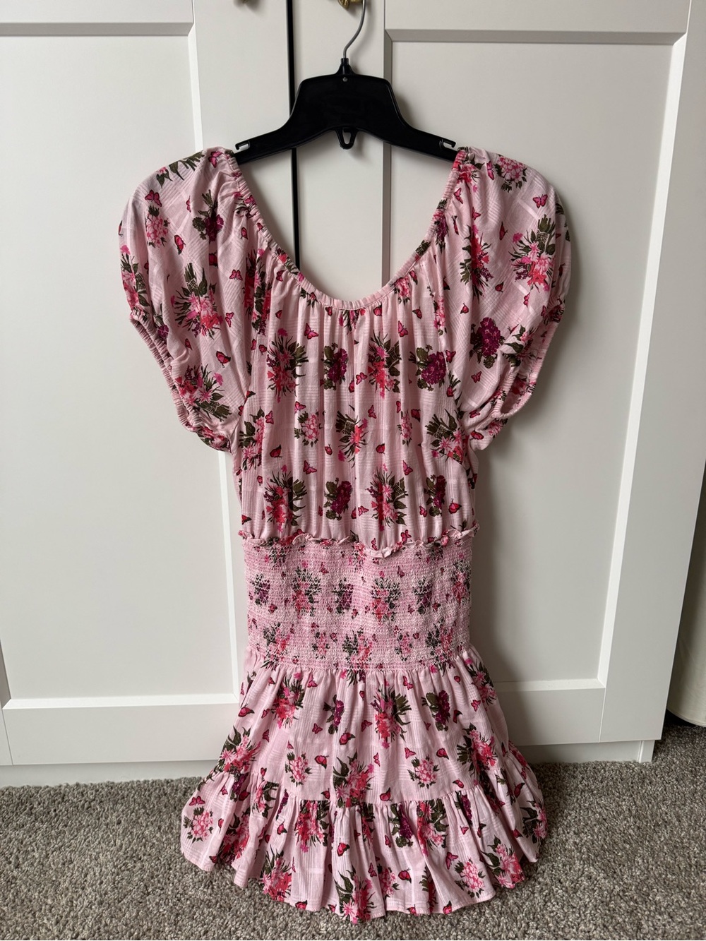 LoveShackFancy Pink Floral Puff Sleeve Mini Dress
